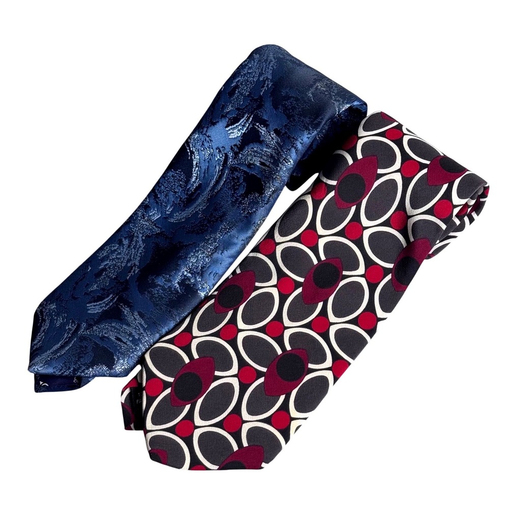 Oleg Cassini Mens Silk Tie Bundle Blue Abstract Floral & Burgundy Geometric 2pk